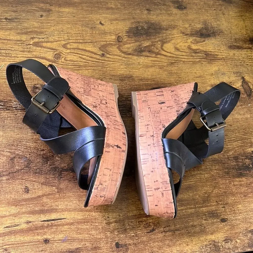 American Eagle Black Thick Strappy Cork Open Toe Platforms